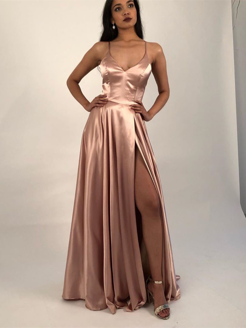Belles Robe De Soiree Longue Soie Vieux Rose Avec Fine Bretelle Fente