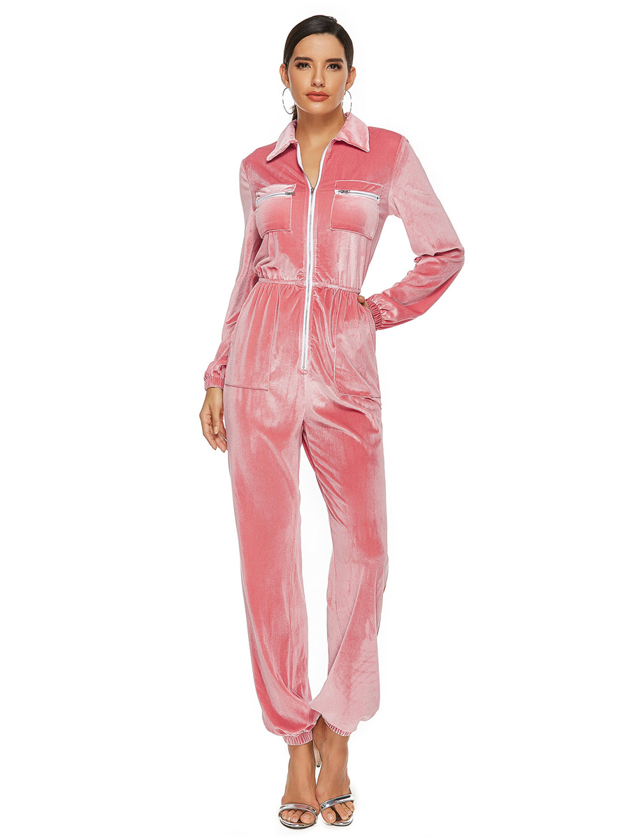 Combinaison Pantalon Femme Hiver Manche Longue Velour Rose Col Claudine