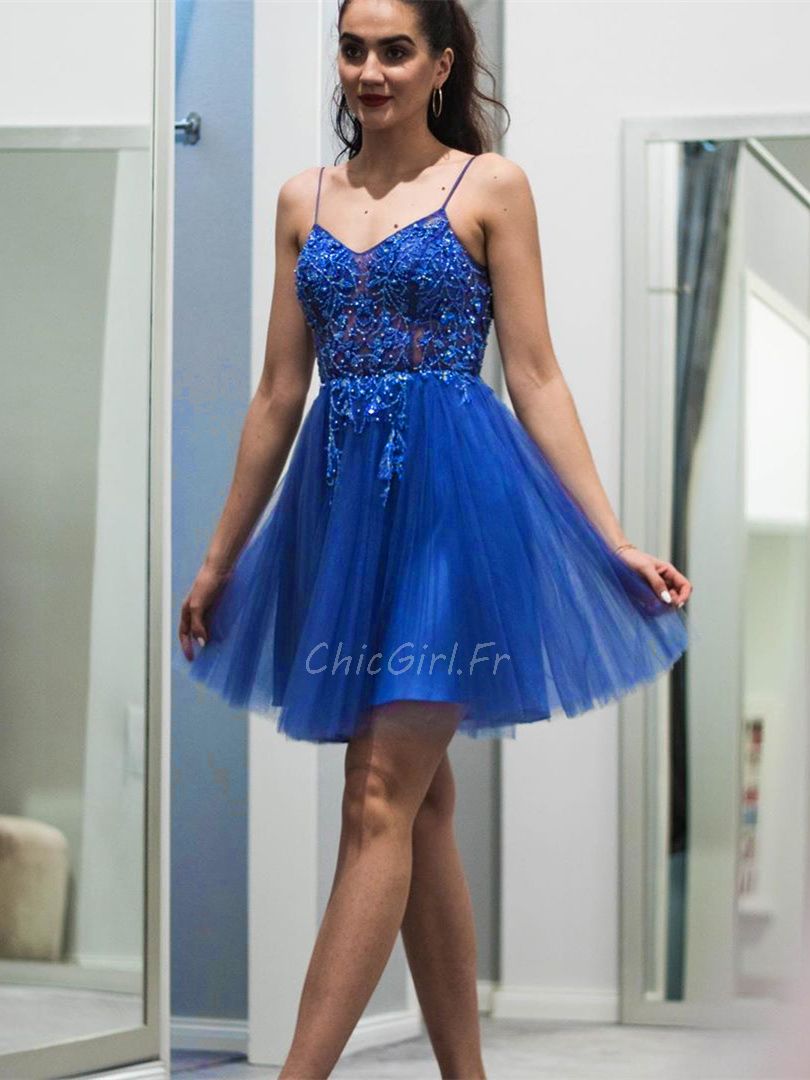 Belles Robe De Cocktail Courte Bleu Roi Tulle Perle Avec Bretelle