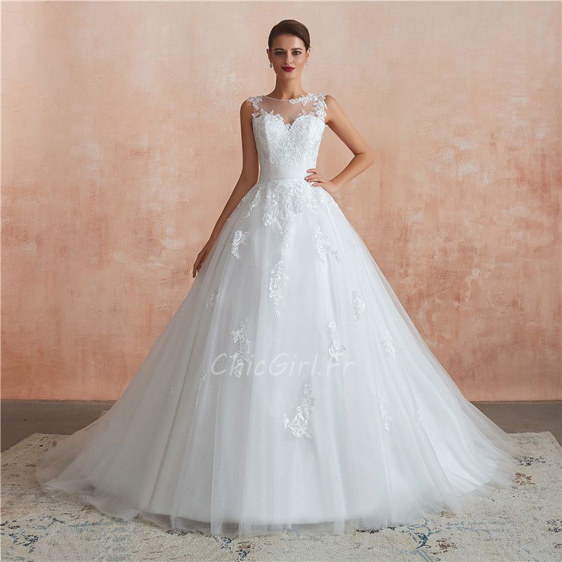 Belles Robe De Mari e Longue Blanche Tulle Haut Dentelle Transparente