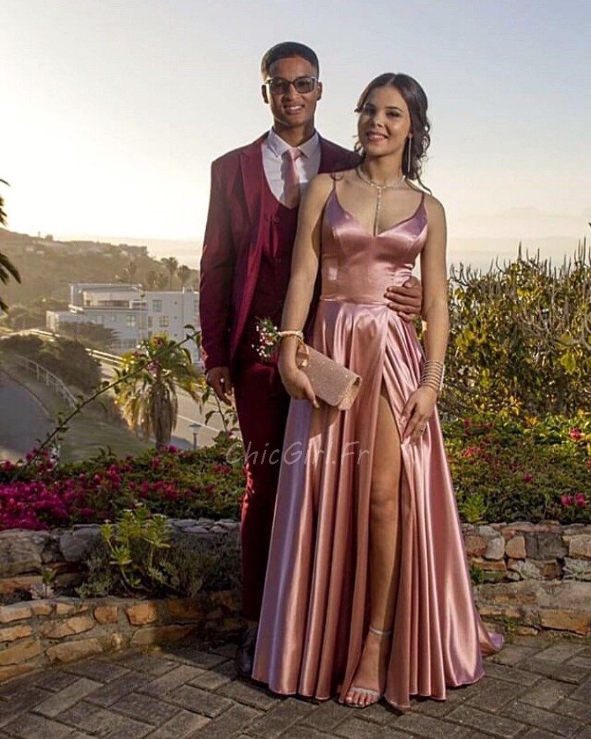 Belles Robe De Soiree Longue Soie Vieux Rose Avec Fine Bretelle Fente