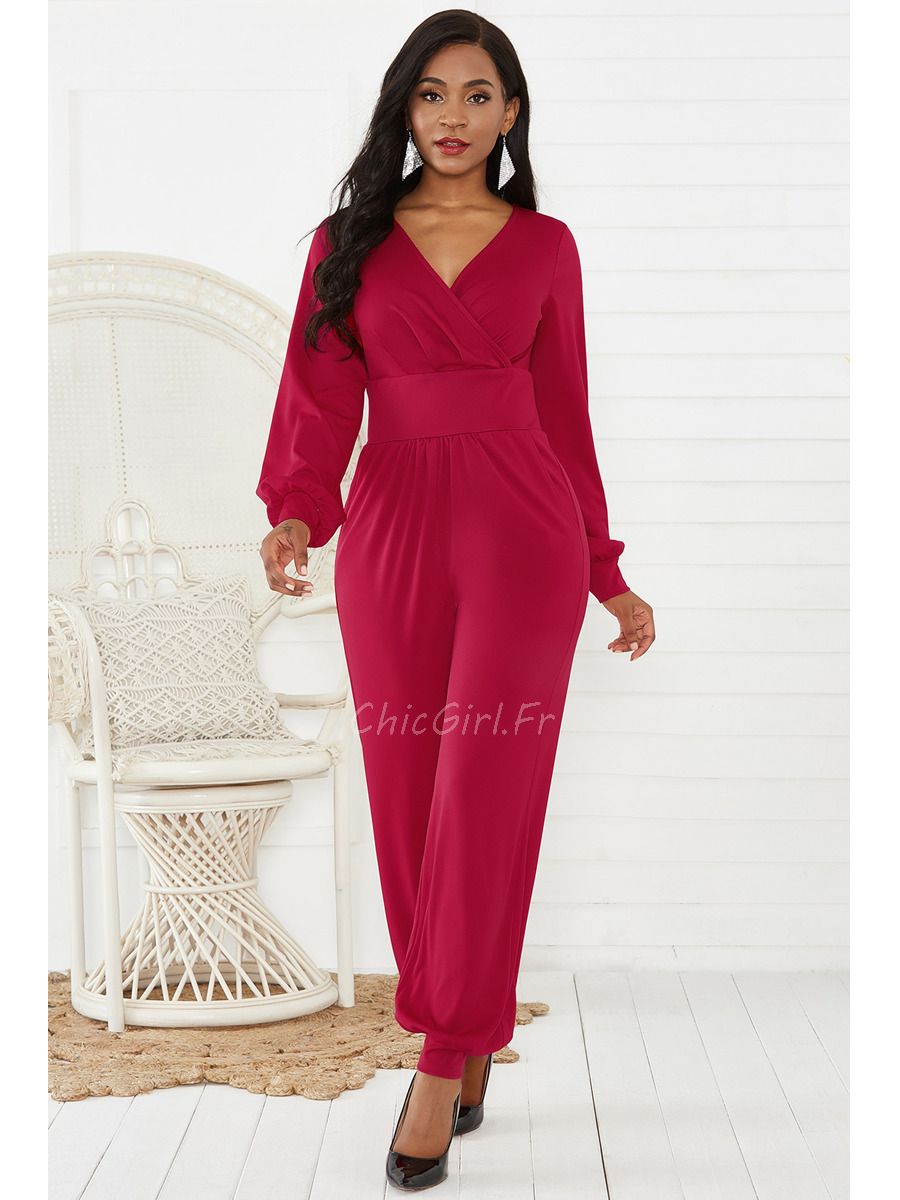 Combinaison Pantalon Femme Printemps Manche Longue Col V Rouge