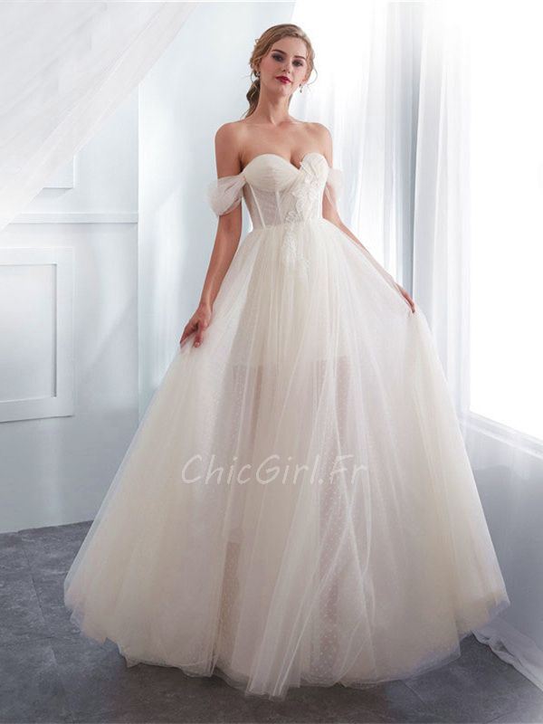Elegance Robe De Mariee Ete Sexy Longue ecru Tulle Epaule Denudee
