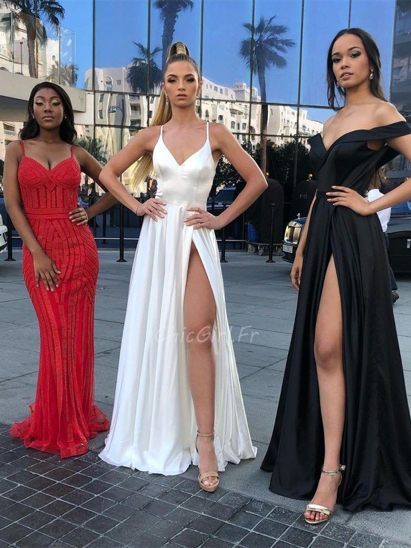 Elegance Robe De Soir e Sexy Longue Blanche Soie Avec Fente Fine