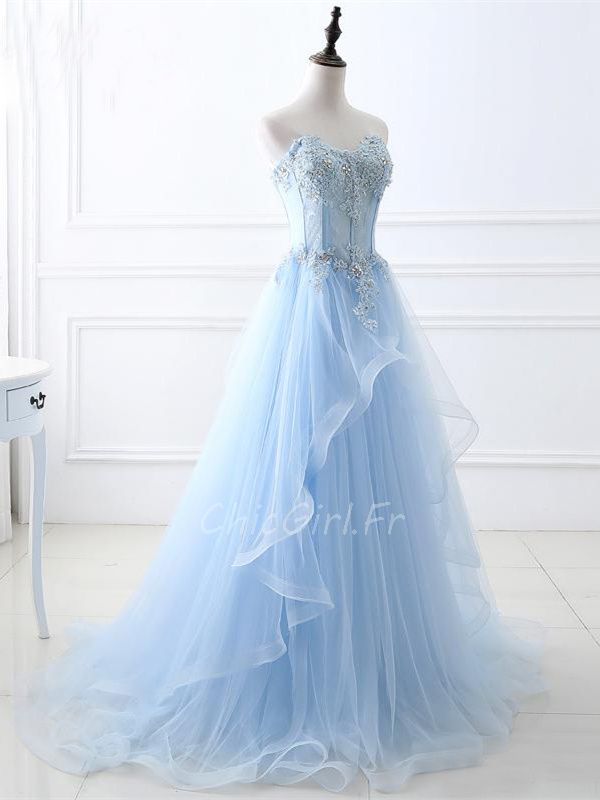 Jolie Robe De Bal De Finissants Longue Bleu Clair Fleurie Tulle A Volant