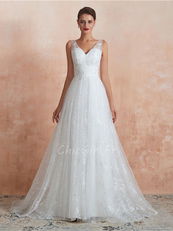 Jolie Robe De Mariee Longue Blanche Dentelle Col V