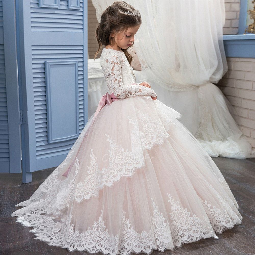 Longue Robe Princesse Fille Mariage Dentelle Manche Avec Rose Ruban