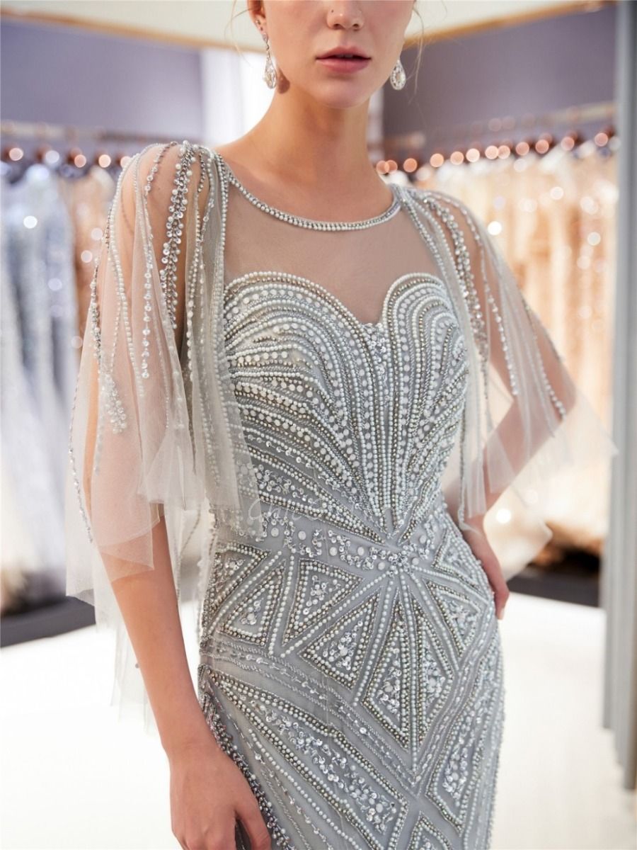 Luxe Robe De Soir e Sir ne Tulle Perle Strass Argent e Avec Cape