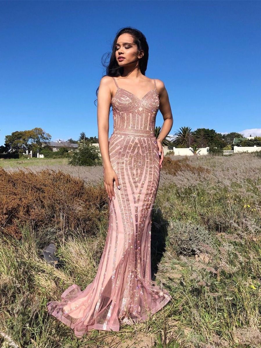 Luxe Robe De Soir e Sir ne Tulle Strass Vieux Rose Avec Fine Bretelle