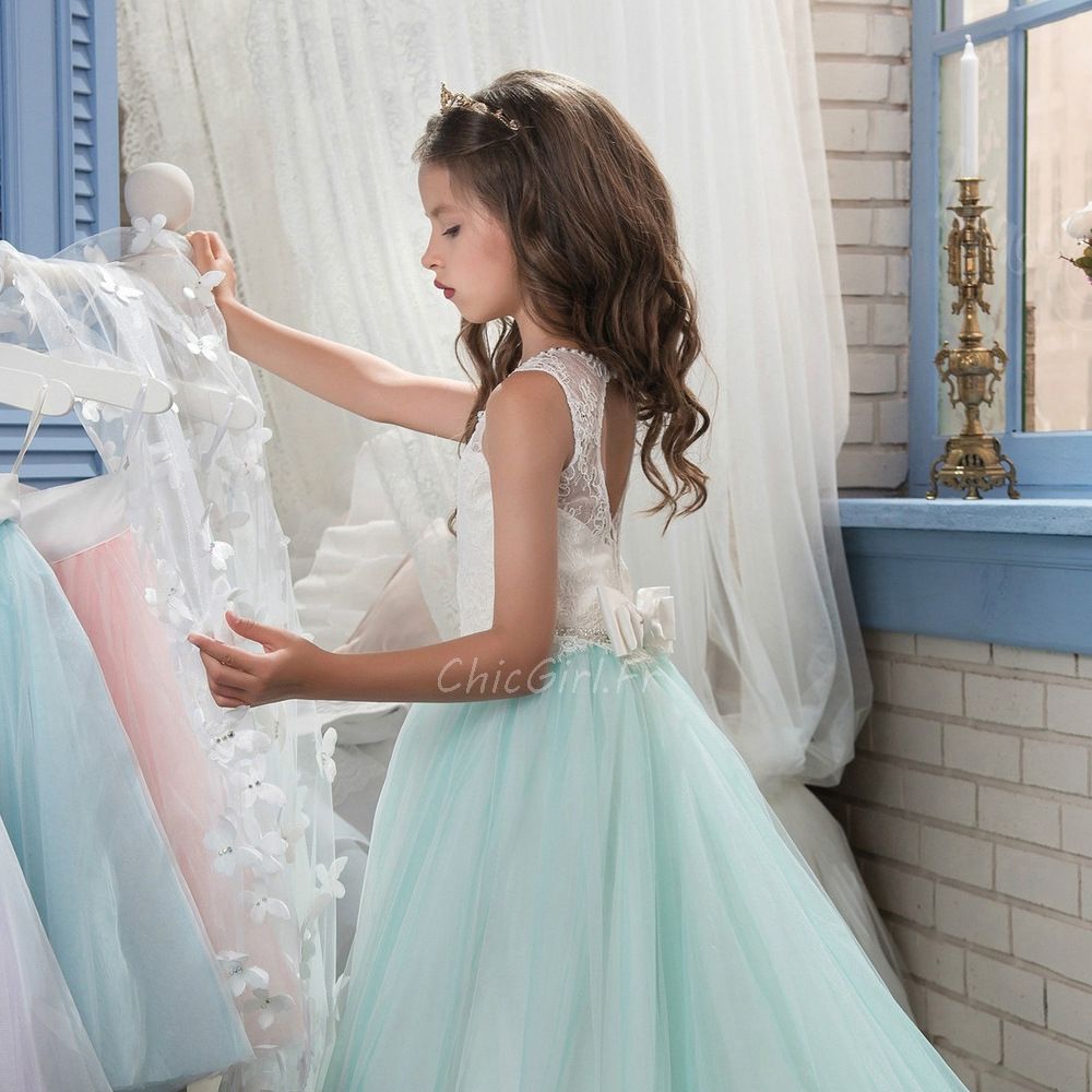 Robe Ceremonie Fille 10 Ans Bleu Clair Tulle Dentelle Papillon Robe De Soiree Enfant