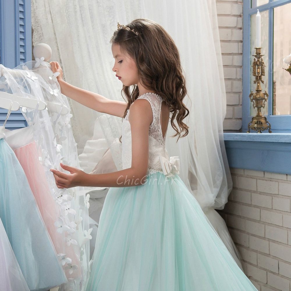 Robe Ceremonie Fille 10 Ans Bleu Clair Tulle Dentelle Papillon Robe De  Soirée Enfant