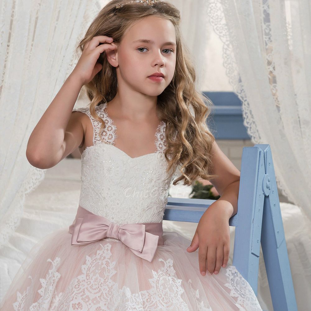 Robe Ceremonie Fille Rose Poudré 8 Ans Tulle Dentelle Robe Fille Mariage  Avec Noeud