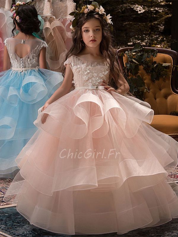 Robe Ceremonie Fille Rose Poudré Tulle à Volants Fleurie Robe De Bal Enfant