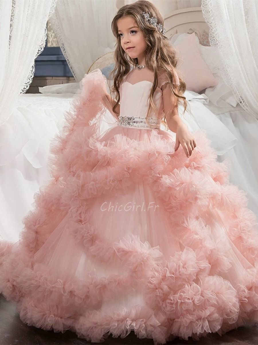 Robe Ceremonie Fille Rose Tulle Volant Robe De Bal Enfant