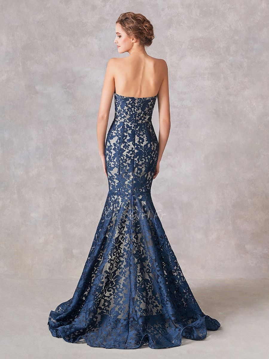 Robe Ceremonie Mariage Mere Du Marie Sirene Dentelle Bleu Marine Avec Bolero
