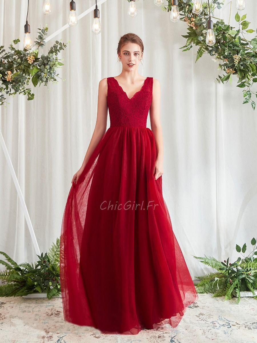 Robe De Bal De Finissant Rouge Longue Fluide Tulle Dentelle Sans Manche Col V
