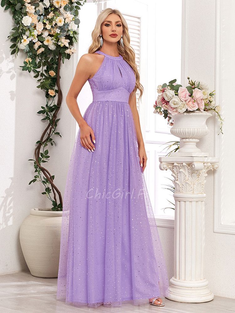 Robe de bal de Finissants Longue Licou Parme Tulle Brillante