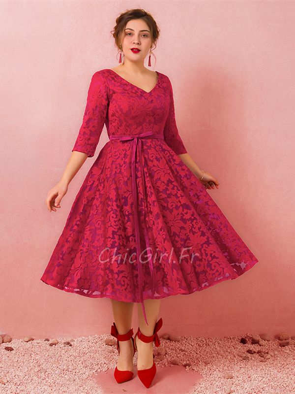 Robe De Bal Grande Taille Mi Longue Rouge Dentelle Col V Manche 3 4