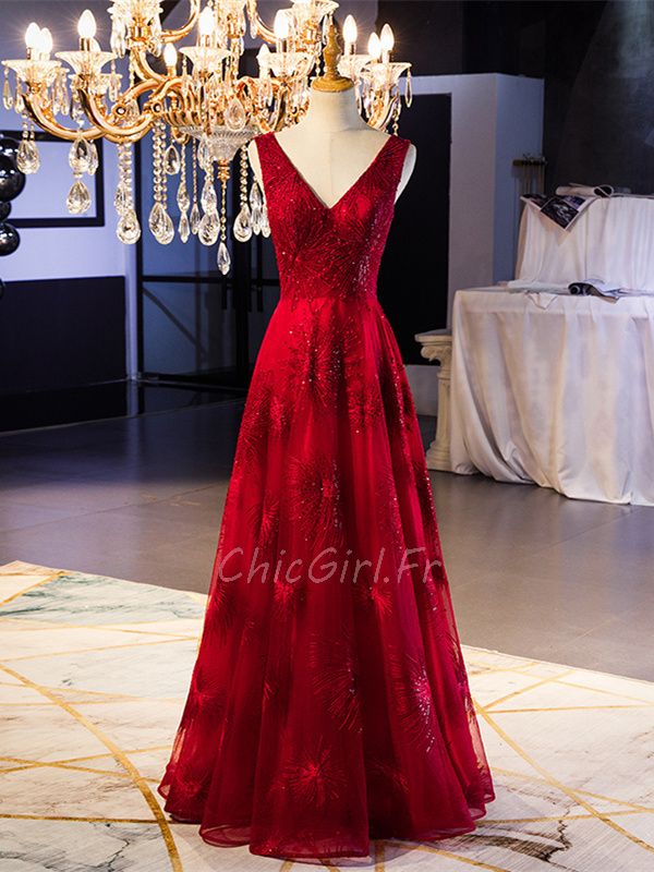 Robe De Bal Longue Rouge Dentelle Fleurie Scintillante Col V Dos Nu