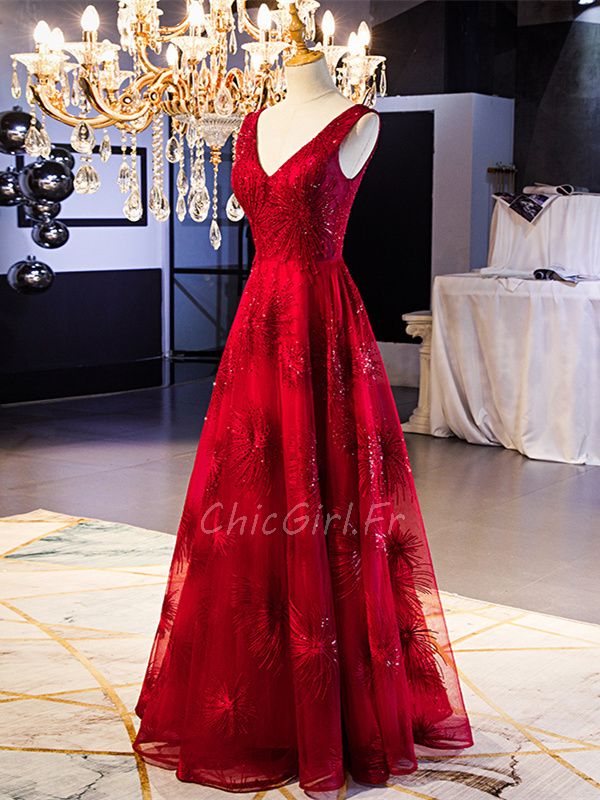 Robe De Bal Longue Rouge Dentelle Fleurie Scintillante Col V Dos Nu