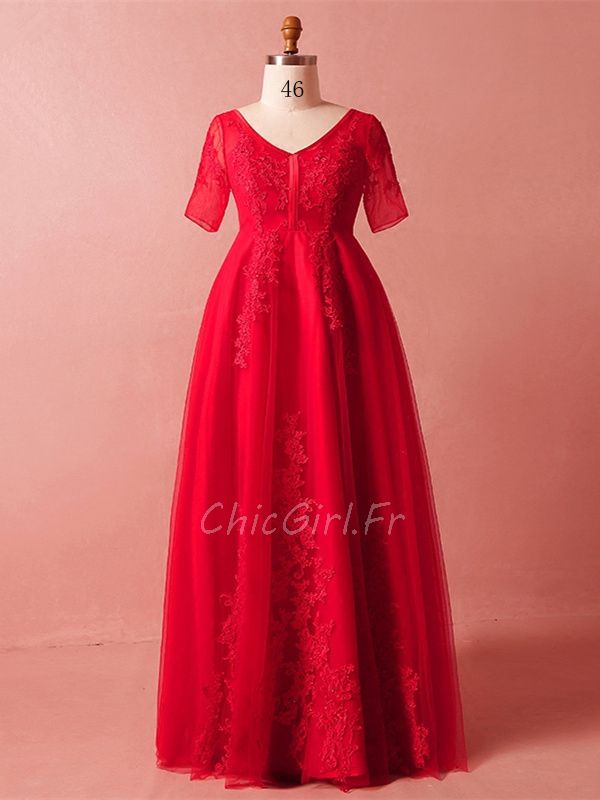 Robe De Bal Soiree Grande Taille Empire Longue Rouge Dentelle Manche Col V