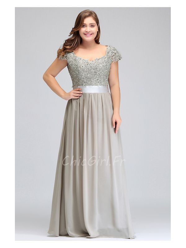 Robe De Ceremonie Femme Ronde Longue Argent e Mousseline Dentelle