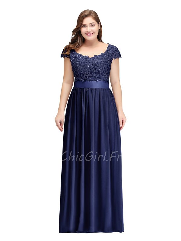 Robe De Soiree Femme Ronde Longue Bleu Marine Mousseline Dentelle Manches Courtes