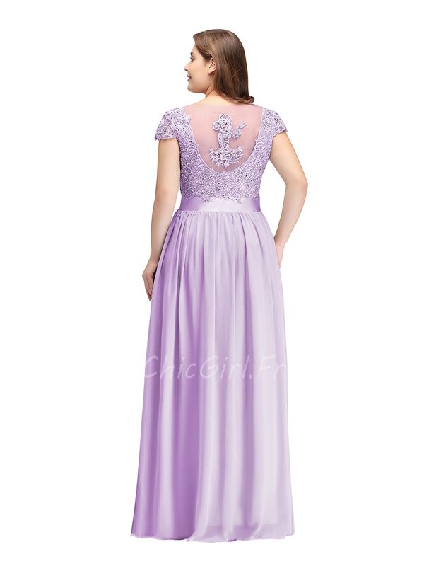 Robe De Soirée Femme Ronde Longue Pastel Parme Mousseline Dentelle Manches  Courtes