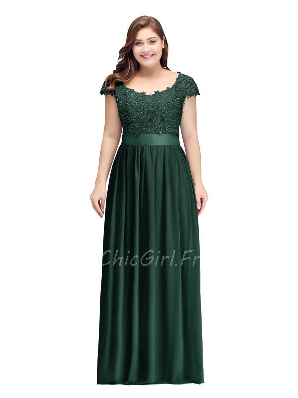 Robe De Soiree Femme Ronde Longue Vert Sapin Mousseline Dentelle Manches Courtes