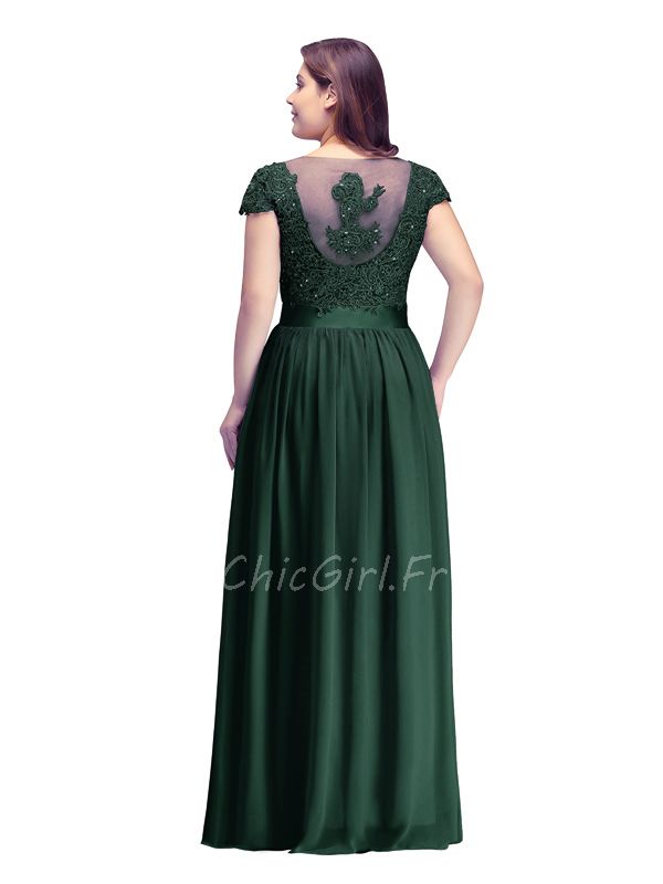 Robe De Soiree Femme Ronde Longue Vert Sapin Mousseline Dentelle Manches Courtes