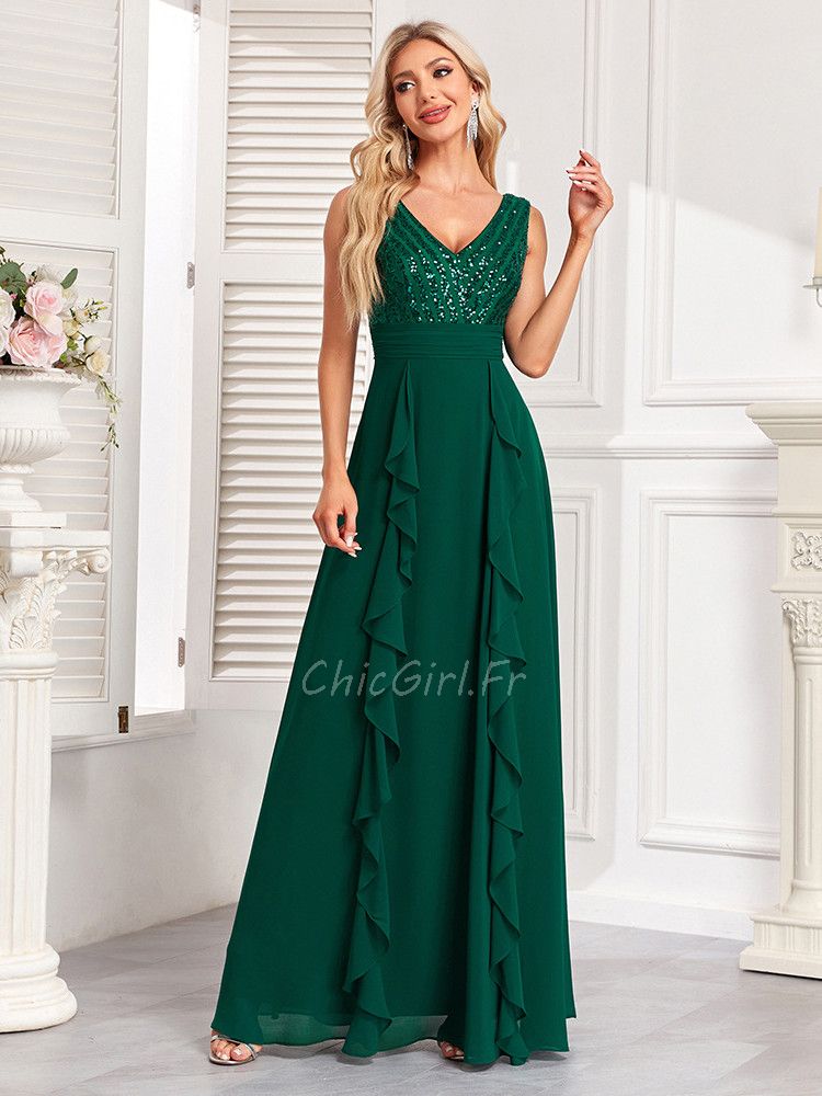Robe De Ceremonie Mere Mariee Longue a Volant Verte Sapin Mousseline Col V