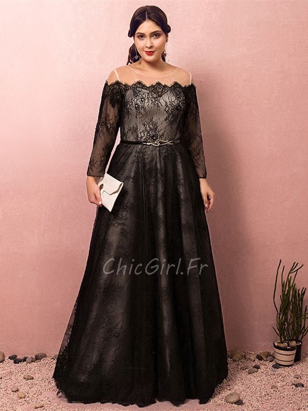 Robe De Ceremonie Soiree Grande Taille Longue Noire Dentelle Manche Longue