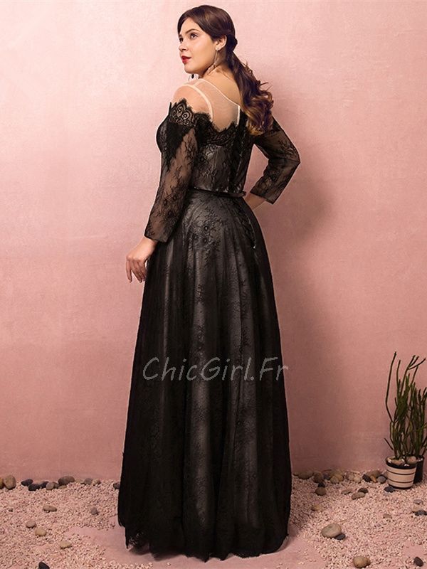 Robe De Ceremonie Soiree Grande Taille Longue Noire Dentelle Manche Longue