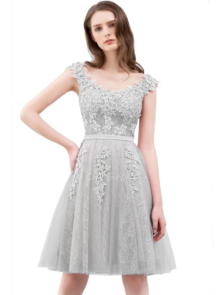 Robe De Cocktail Bal Chic Courte Argentee Tulle Dentelle Perle