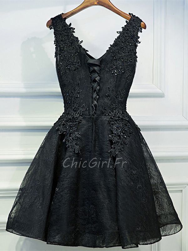 Robe De Cocktail Bal Chic Courte Noire Dentelle Perle Strass Col V
