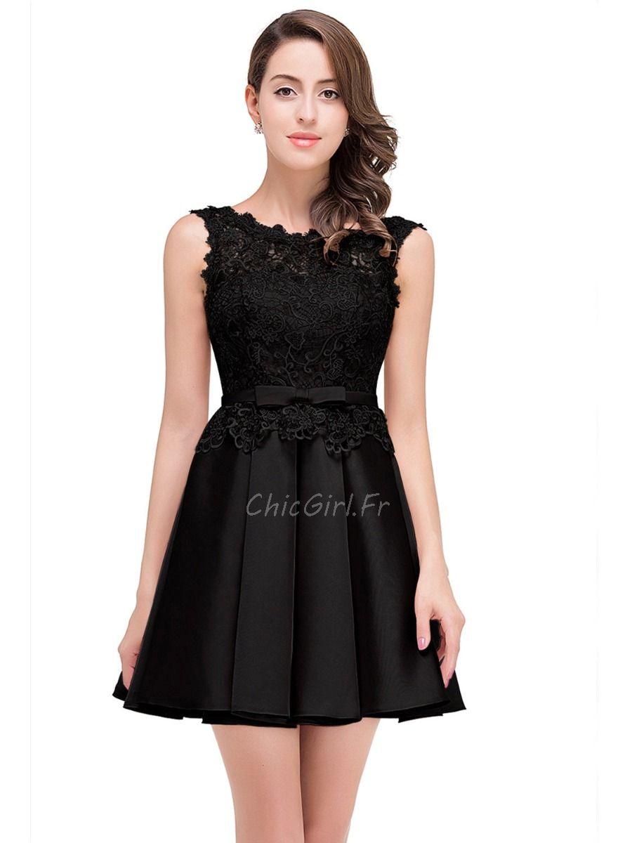 Robe De Cocktail Bal Courte Noire Satin Dentelle Dos Ouvert