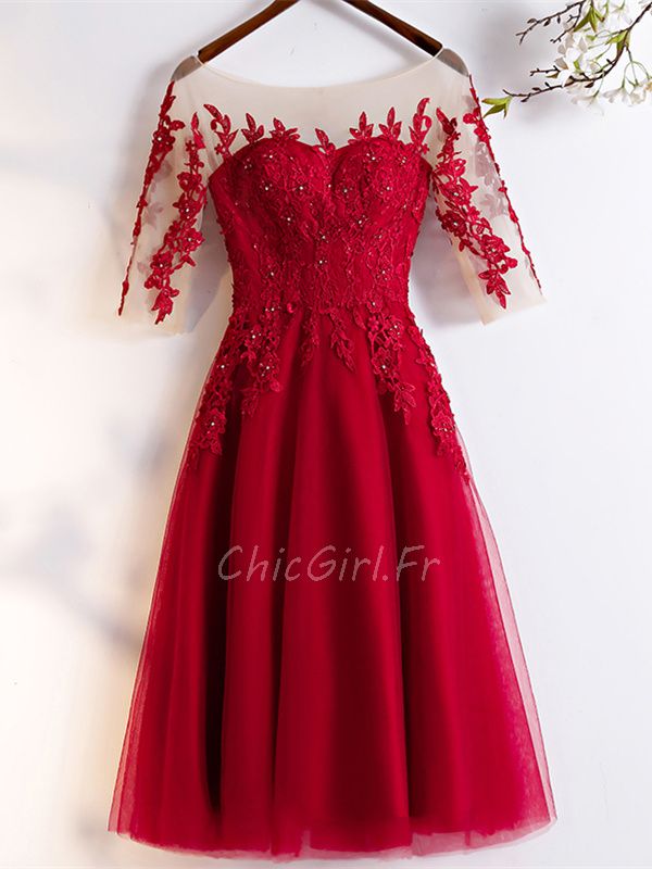 Robe De Cocktail Bal Courte Rouge Tulle Dentelle Col Bateau Manche 3 4