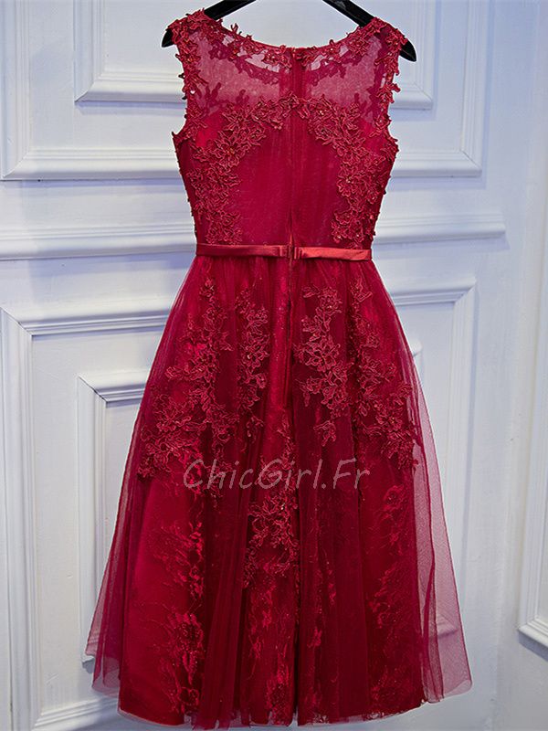 Robe De Cocktail Bal Fete Courte Rouge Dentelle Tulle Col Bateau