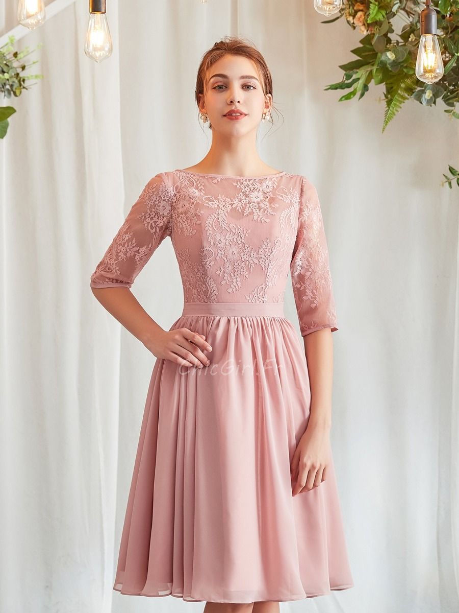 Robe De Bal Cocktail Courte Col V Paillette Tulle Vieux Rose Scintillante