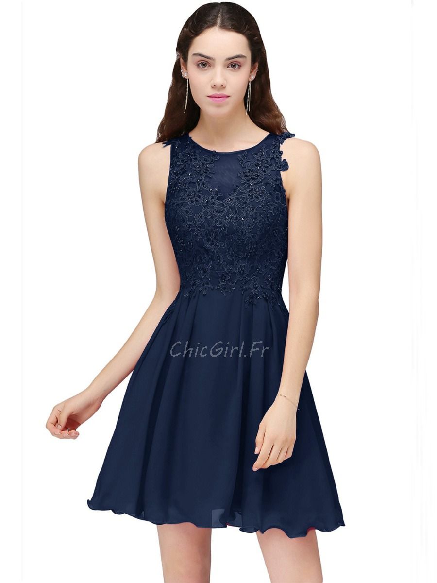 Robe De Cocktail Fete Courte Bleu Marine Mousseline Dentelle Perle