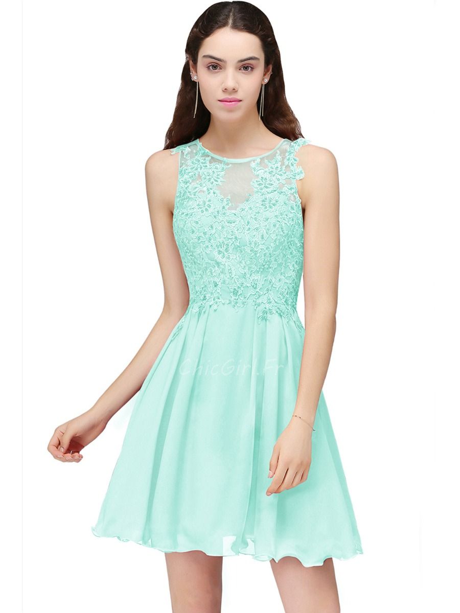 Robe De Cocktail Fete Courte Vert D Eau Mousseline Dentelle Perle