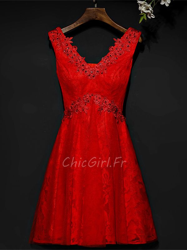 Robe De Cocktail Fete Grossesse Empire Courte Rouge Dentelle Col V
