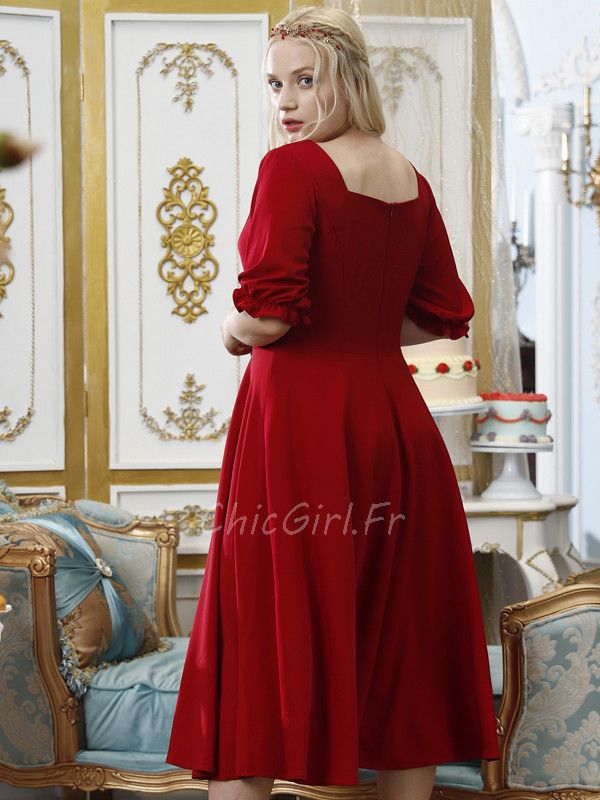 Robe De Cocktail Rouge Pour Mariage Chic Grande Taille Avec Manche Boutonnee Devant