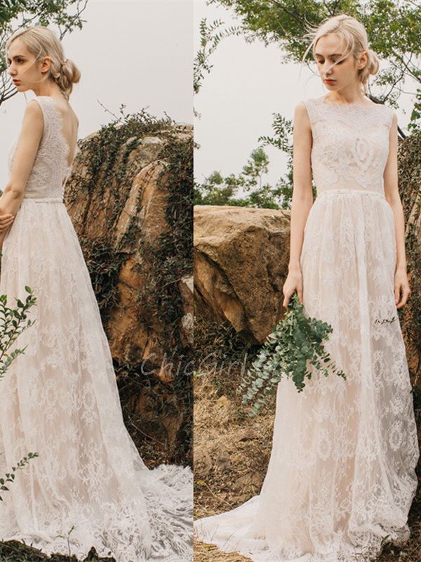 Robe De Mari e Boh me Vintage Dentelle Col Montant Dos Ouvert