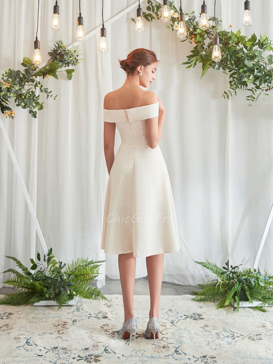 Robe De Mariee Civile Courte Creme Col Bardot Simple