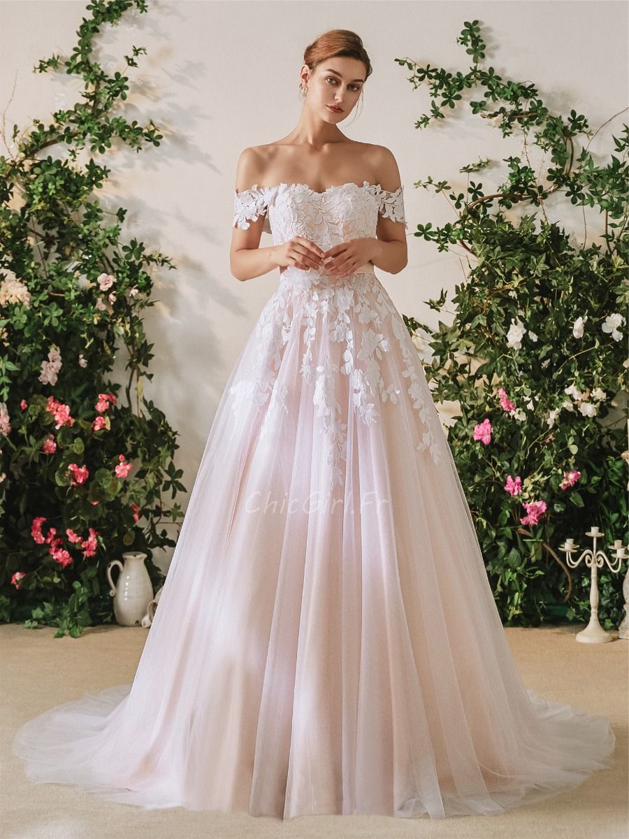 Robe De Mari e Feerique Rose Poudr e Dentelle Fleur Epaule Tombante