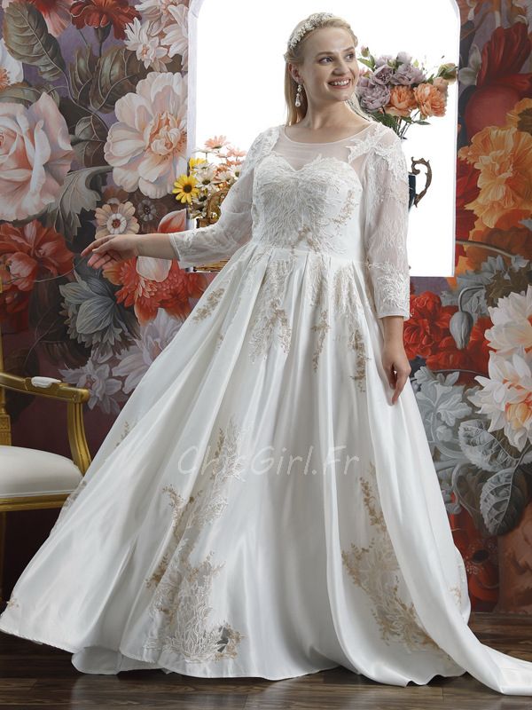 Robe De Mariee Femme Ronde Manche Longue Dentelle Satin Dos Ouvert Avec Traine