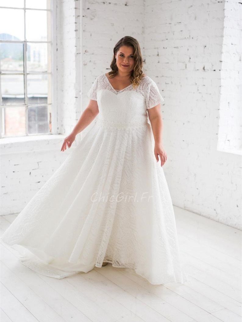 Robe De Mariee Grande Taille Boheme Chic Dentelle Manche Col V