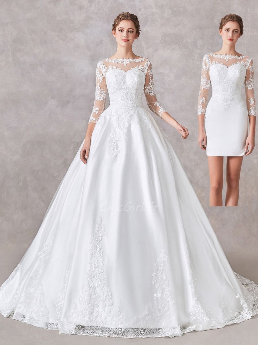 Robe De Mariee Longue Transformable en Courte Avec Jupe Amovible Manche 3 4