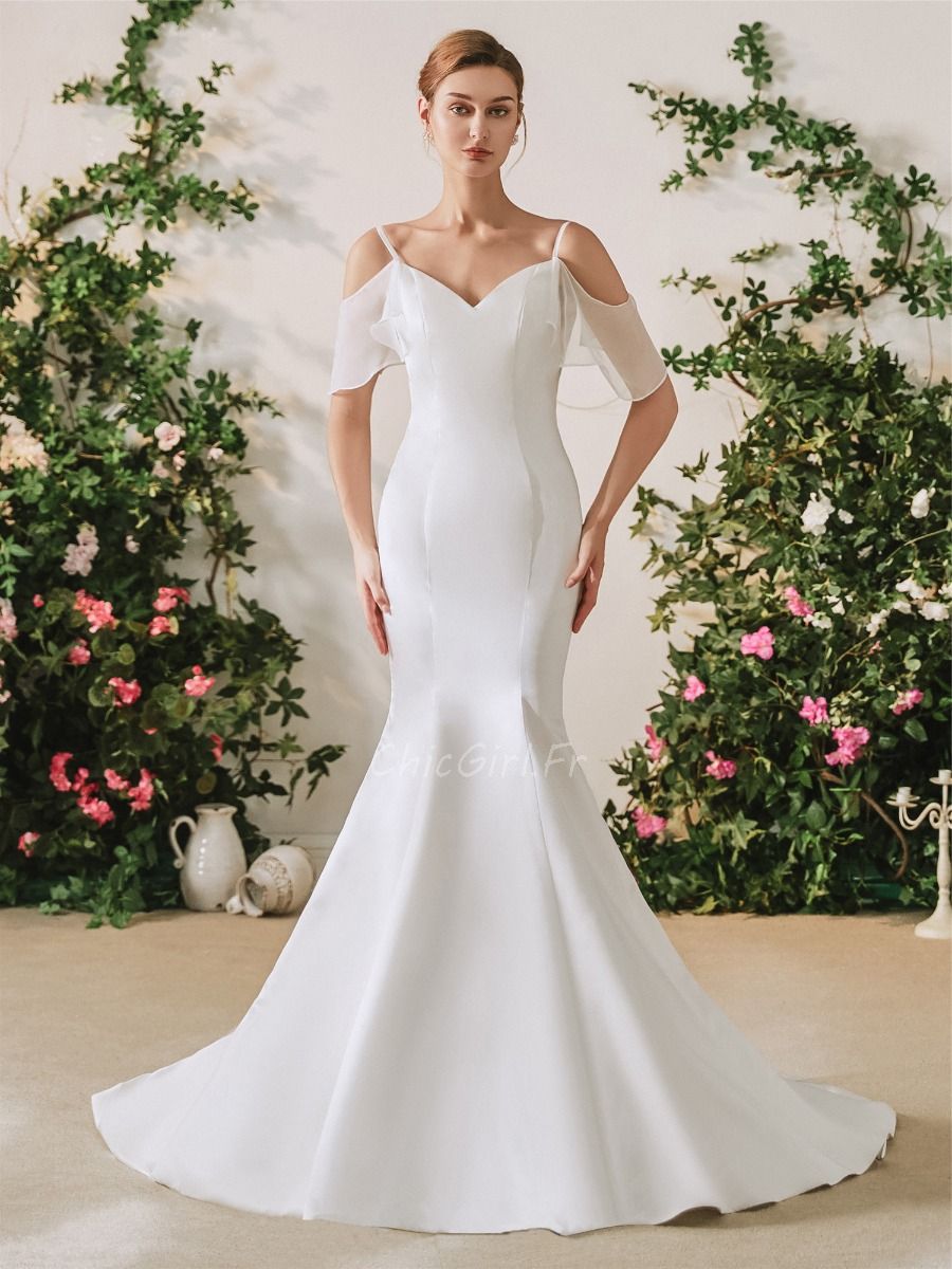 Robe De Mariee Minimaliste Sirene Simple et Chic Satin Epaule Denudee